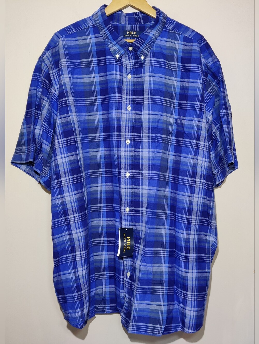 Polo Ralph Lauren Shirt Mens 4XB Big Blue White Tartan Plaid Classic Fit Oxford